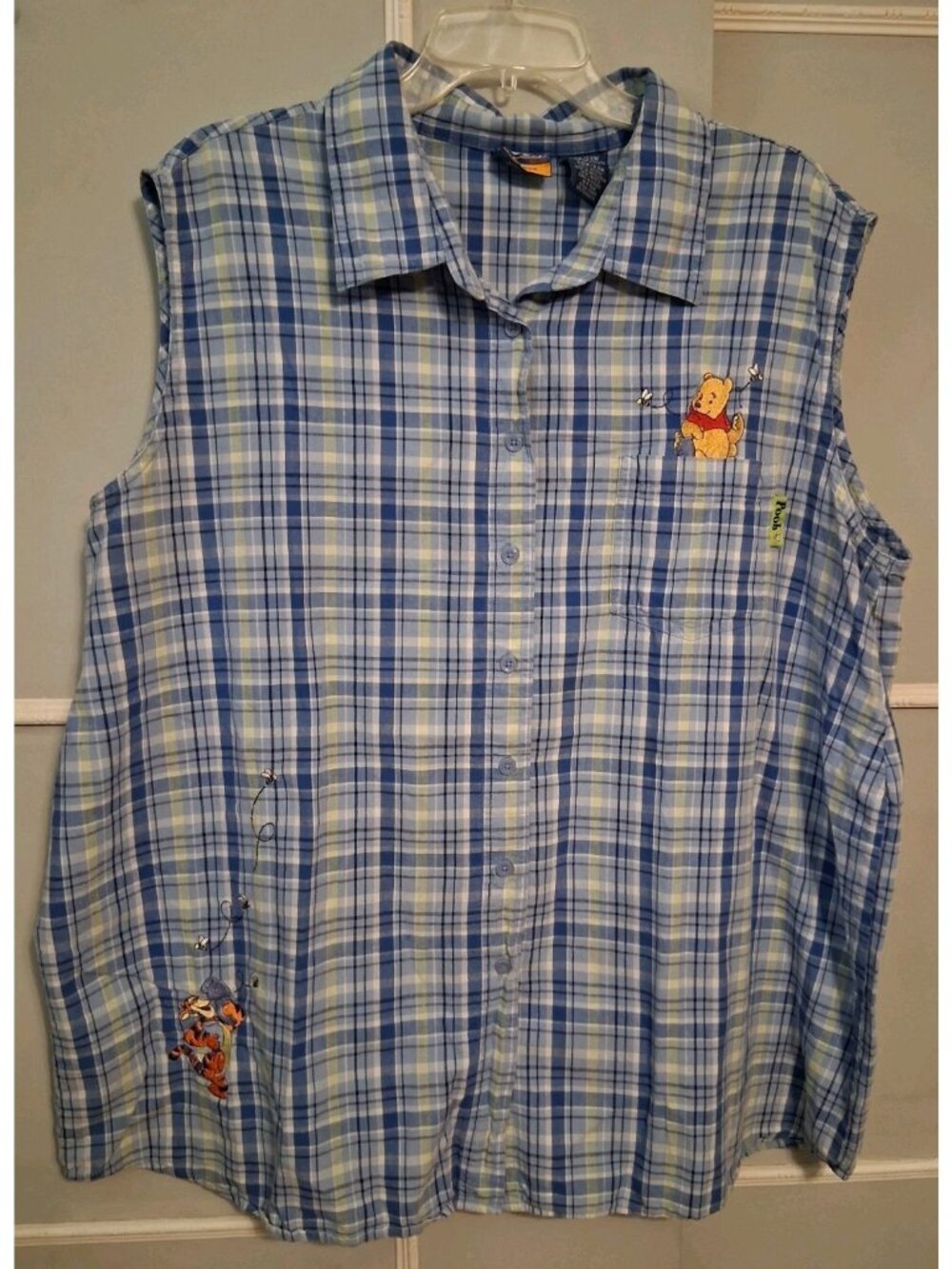 Vtg Winnie the Pooh Blue Plaid Sleeveless Shirt Button up Embroidered 22W/24W